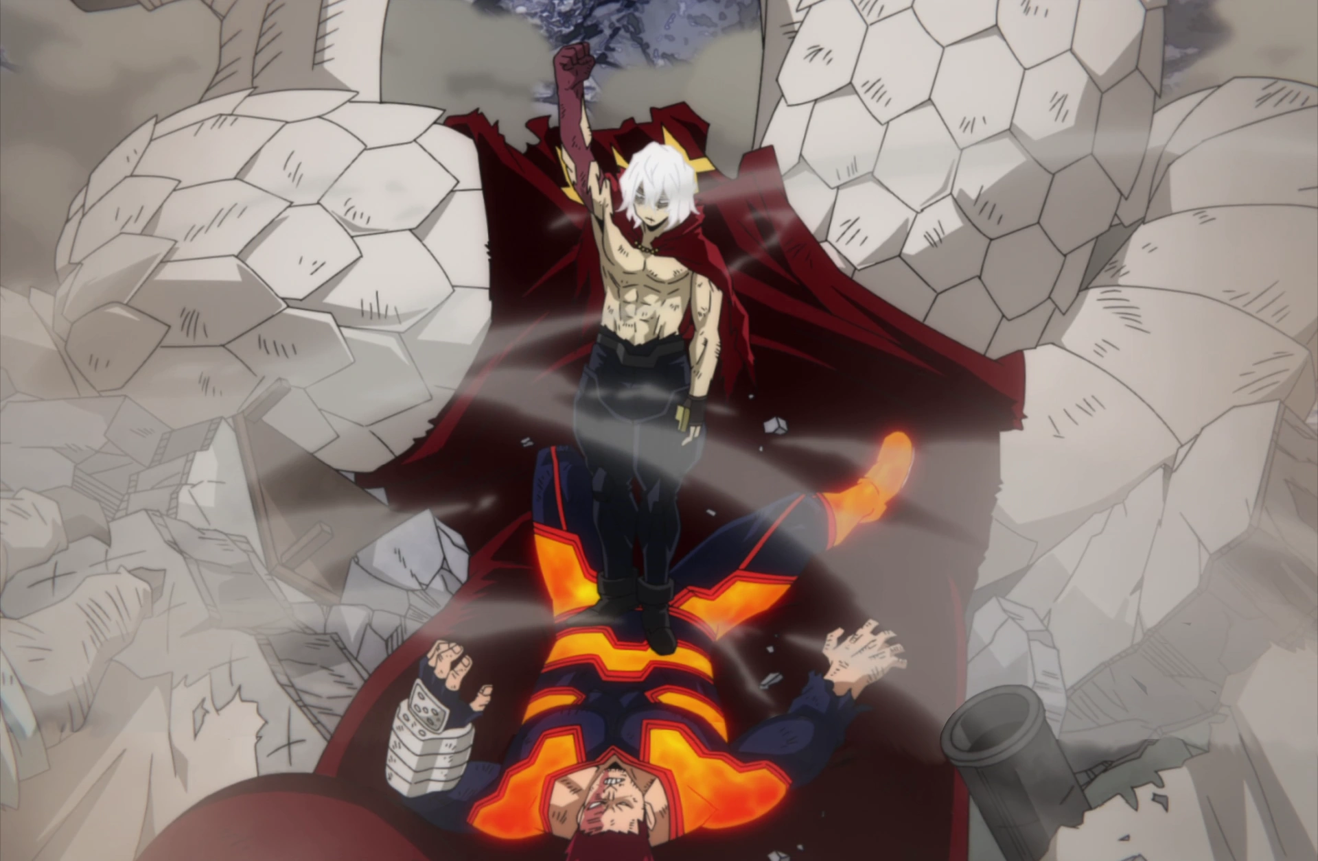 Shigaraki Posing On Top Of Endeavor