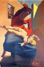 La Vergine sculaccia il Bambino Gesù davanti a tre testimoni-Max Ernst