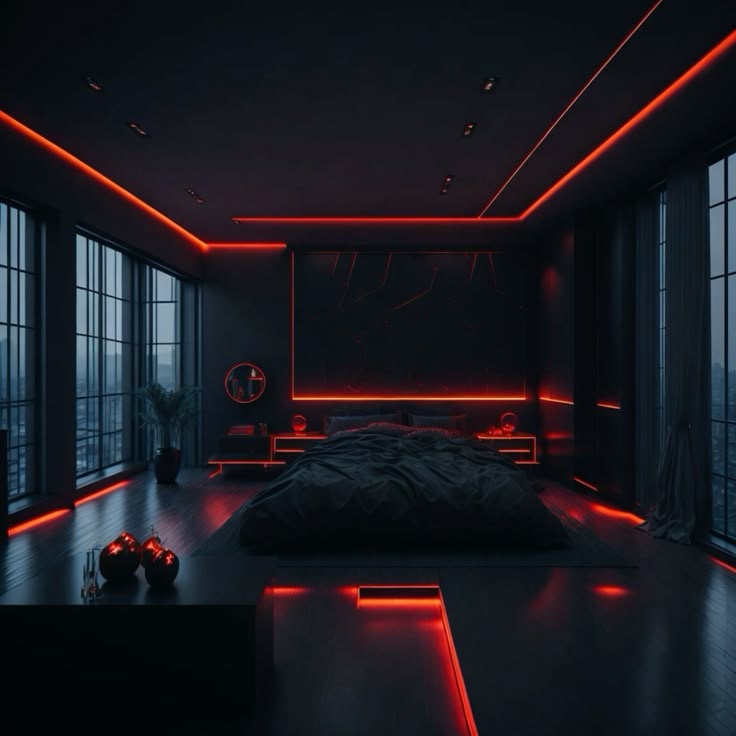 Black Bedroom Penthouse With Red Led’S