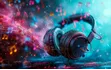 Ai Generated Studio Shot Of Black Headphones Over Music Note Explosion Background With Empty Space For Text Photo